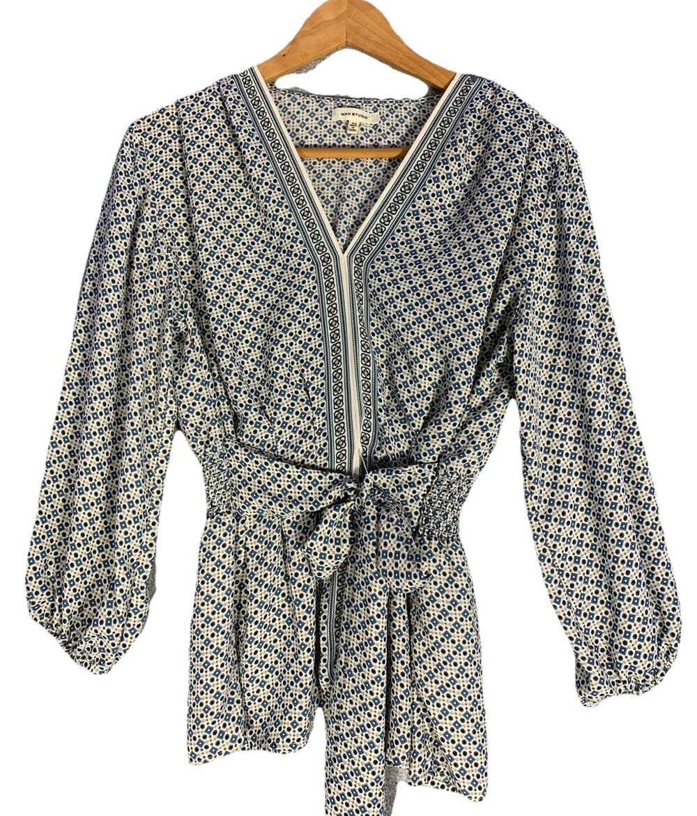 Max Studio Women’s V Neck Tie Waist Peplum Blouse Size M, Resort Classy Chic
